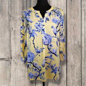 Talbots Yellow with Blue Birds Print Button Front 3/4 Sleeve Peasant Blouse